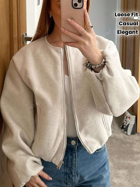 Women'S Elegant Pilot Jacket - Beige Bomber Style Short Coat with Pockets, Zip-Up, Long Sleeves, Loose Fit for Casual & Weekend Wear, Casual Wear Jacket | Bomber Jacket | Polyester Fabric