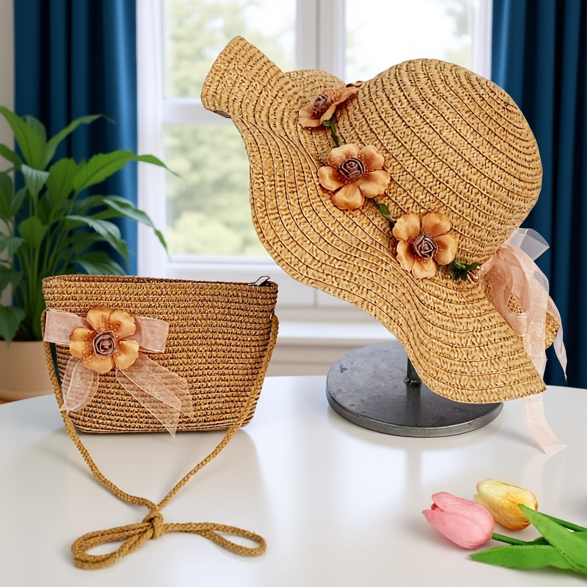 Women’s Adjustable Straw Hats with Floral Design and Carry Bag
