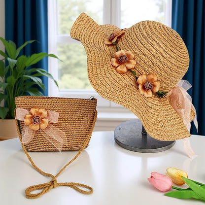 Women’s Adjustable Straw Hats with Floral Design and Carry Bag