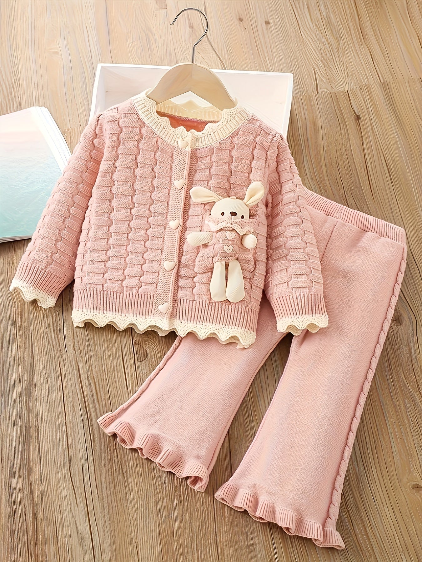 Girls' Fashion Casual Blend Knitted Set for Girls 3, Round Neck, Long Sleeves, Button Closure, Bunny Embellished Pink Sweater Pants Two-Piece Set, Elegant And Sweet, Suitable for Outdoor Activities, As a Gift for Kids