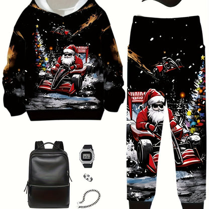 Boys' Creative 3D Digital Print Youngsters' Set, Loose Fit Casual Cap, Sweatshirt, and Pants for Middle to Large Sizes, Perfect for Spring/Fall, with Pockets and Geometric Patterns, Casual Wear|Playful Design|Pocketed Pants,