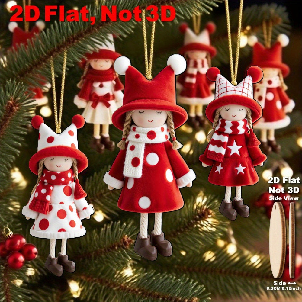 2D Flat, 16pcs Set of Classic Red and White Design Excellent Christmas Girl Doll Ornaments, Suitable for Thanksgiving, Halloween, and Christmas Celebrations, Perfect Holiday Gifts, New Year'S Day Decorations, Christmas Tree D