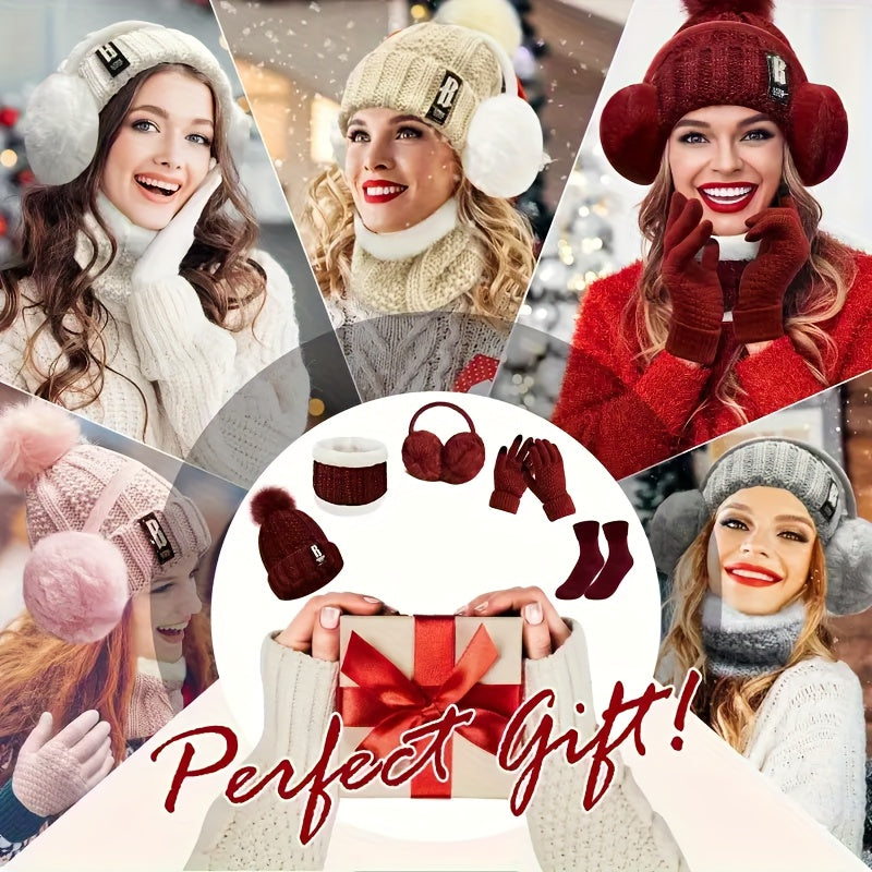 7pcs Winter Thermal Set - Heavy-Duty Cold Weather Outfit with Hat, Gloves, Plush Earmuffs, Thermal Socks - Full Set for Skiing, Snowboarding, Ice Skating, Winter Hiking - Burgundy/Black/White Color Options - Ideal Christmas G