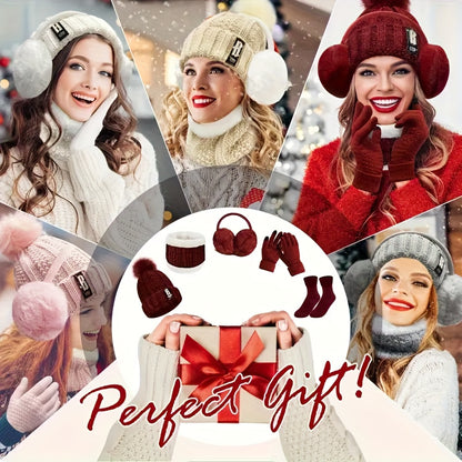 7pcs Winter Thermal Set - Heavy-Duty Cold Weather Outfit with Hat, Gloves, Plush Earmuffs, Thermal Socks - Full Set for Skiing, Snowboarding, Ice Skating, Winter Hiking - Burgundy/Black/White Color Options - Ideal Christmas G