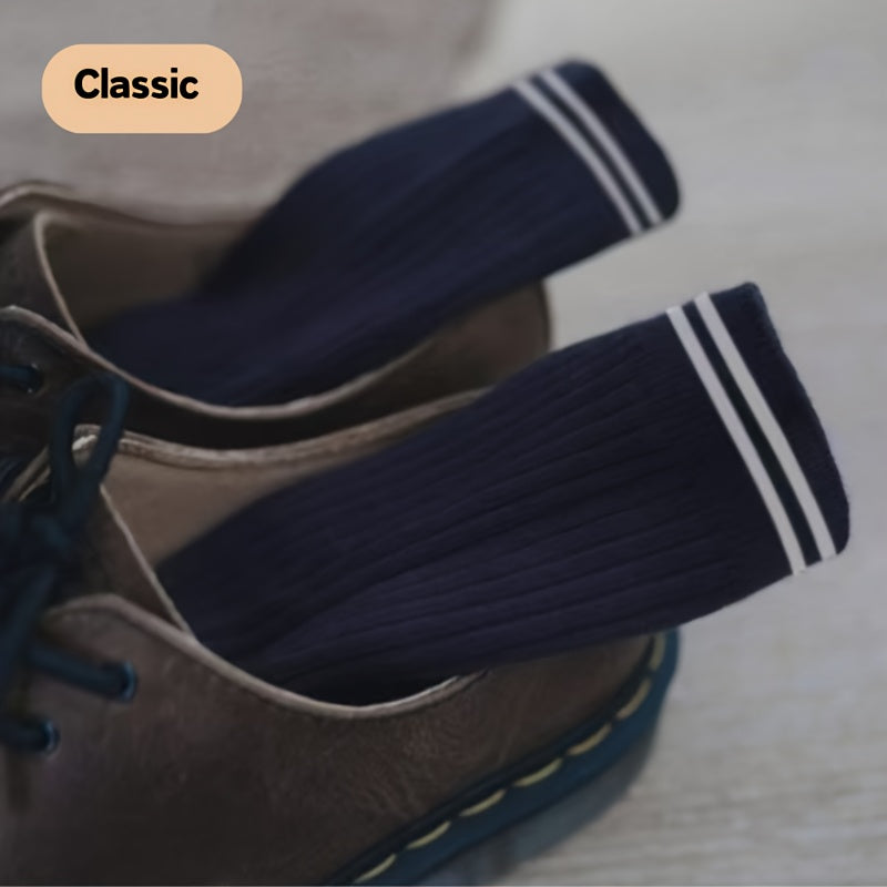 5/10 Pairs Men's Athletic Crew Socks, Striped Polyester Knit Fabric with 5% Spandex, Moisture-Wicking Casual Sports Tube Socks for Spring and Autumn