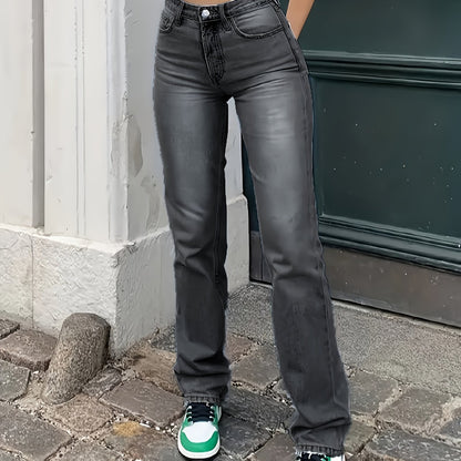 High Waist Light Washed Straight Jeans, Slash Pocket Casual Loose Fit Denim Pants, Women's Denim Jeans & Clothing