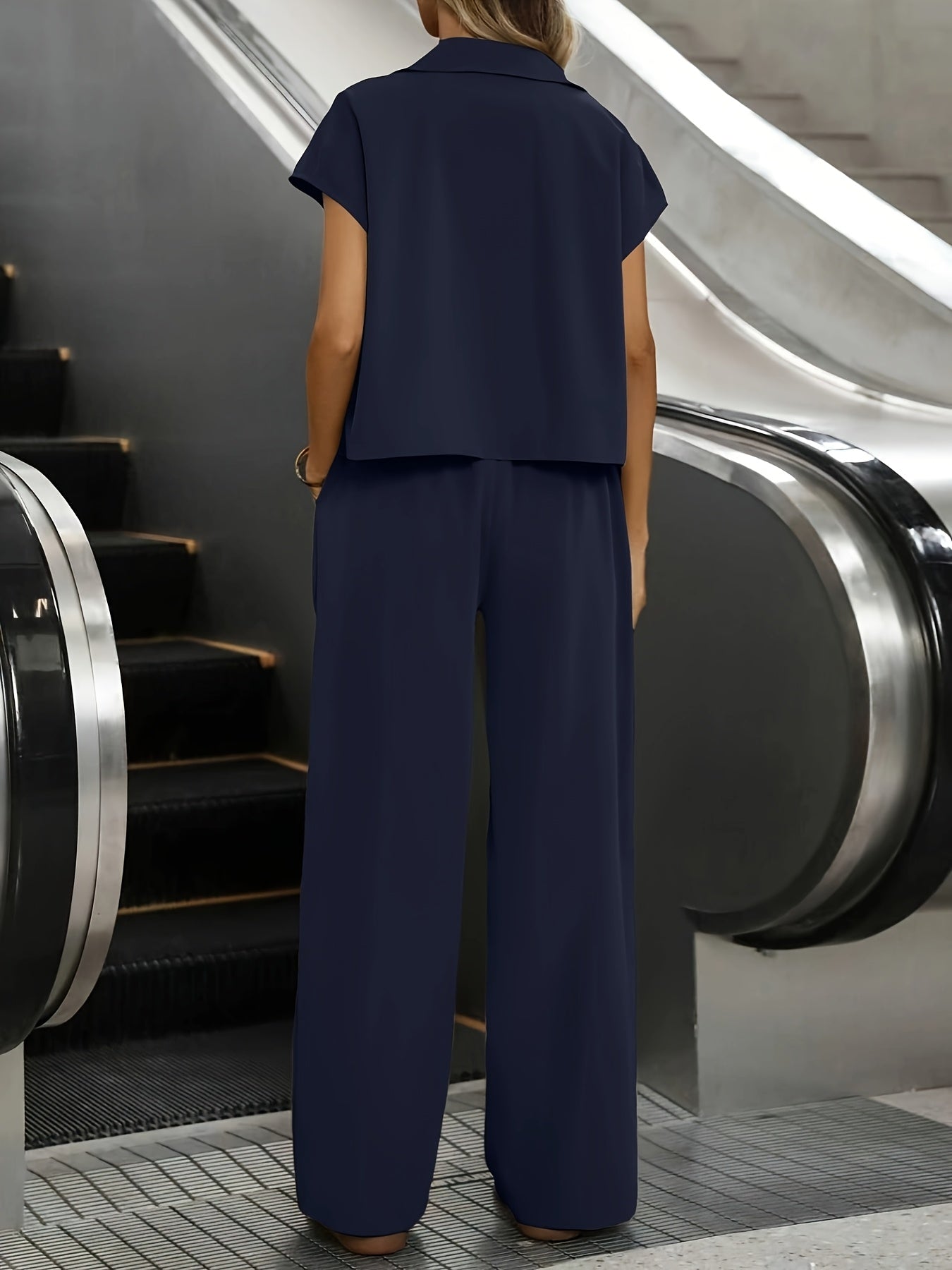 Women's Casual Solid Color Shirt and Pants 2pcs Set, Spring Summer 2pcs Set: Solid Color Button-Up Short Sleeve Top and Pocket Pants, Women's Casual Elegant Spring Summer 2pcs Outfit, Women's Outing and Date Wear, Spring Summ - ayq