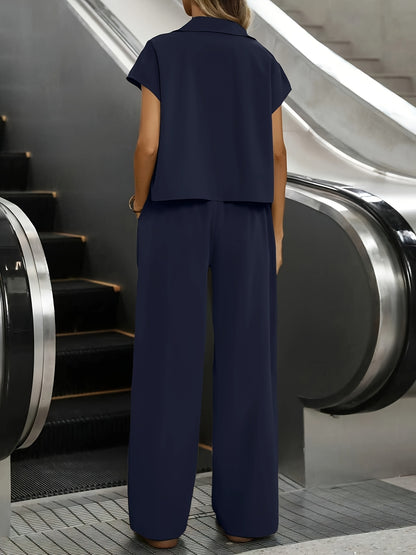 Women's Casual Solid Color Shirt and Pants 2pcs Set, Spring Summer 2pcs Set: Solid Color Button-Up Short Sleeve Top and Pocket Pants, Women's Casual Elegant Spring Summer 2pcs Outfit, Women's Outing and Date Wear, Spring Summ - ayq