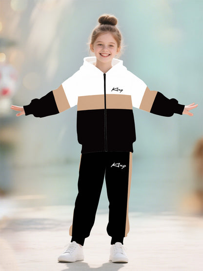Girls' Casual Zipper Hoodie and Jogger Set for Spring & Fall