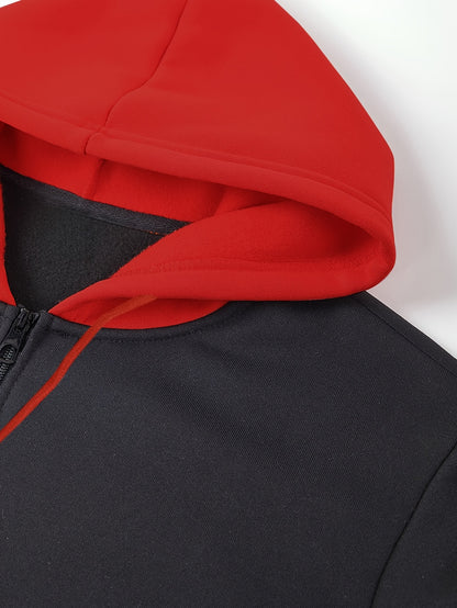 95% Polyester, 5% Spandex 2pcs Men's Set, -Lined Warm Casual Color-Block Zip-Up Sweatshirt with Pockets + Drawstring Pocket Elastic Waist Jogger Pants, 250g Men's Casual Sportswear Set, Global Four-Season Base Layer, Factory-