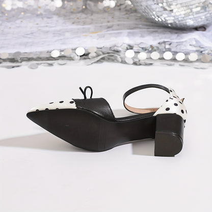 Women'S Sexy Polka Dot Mary Jane Pumps with Bow Detail - Pointed Toe, Block Heel, Ankle Strap, Summer Fashion Show Shoes, Hollow Design, Synthetic Cover  Rubber Sole, Summer Fashion Shoes   Polka Dot Pattern   Rubber Sole Fo