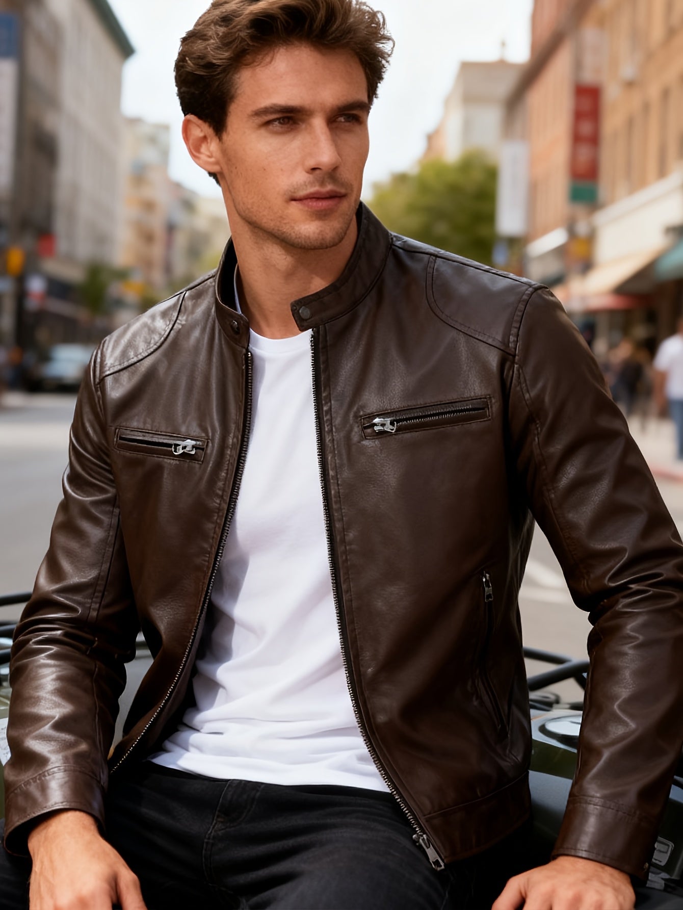 Men's Slim Fit Faux Leather Biker Jacket with Stand Collar