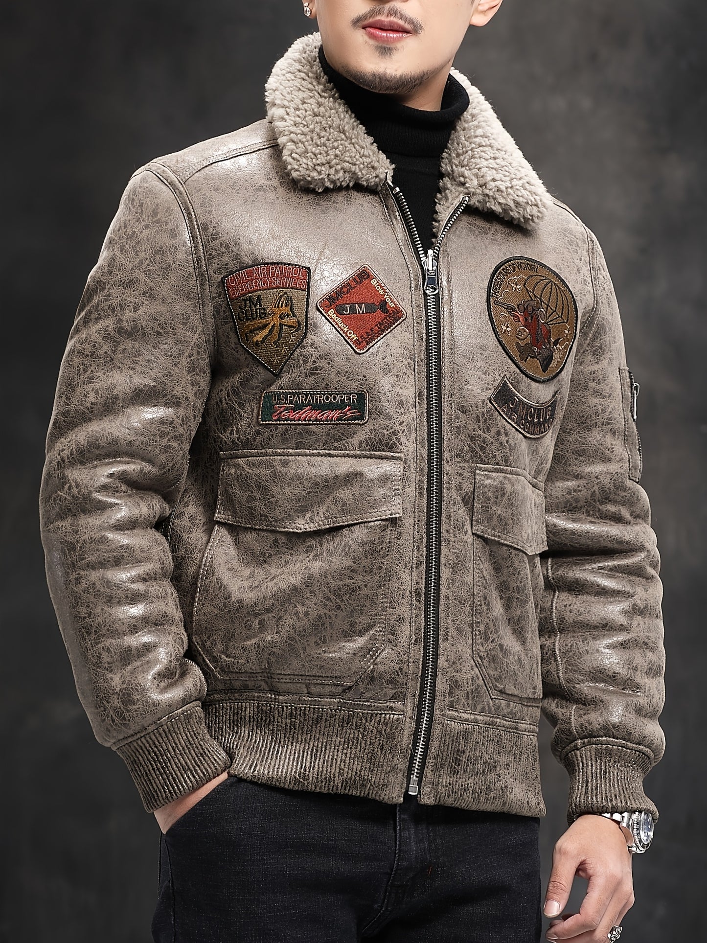 Men'S Faux Fur Lined Biker Jacket, Casual Long Sleeve Applique Air Force Style, Polyester 100% Knit Fabric, Solid Color Lapel Collar, Zipper Closure, Regular Fit for Daily & Golf Occasions - Fall/Winter Collection
