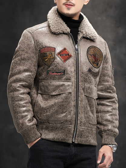 Men'S Faux Fur Lined Biker Jacket, Casual Long Sleeve Applique Air Force Style, Polyester 100% Knit Fabric, Solid Color Lapel Collar, Zipper Closure, Regular Fit for Daily & Golf Occasions - Fall/Winter Collection