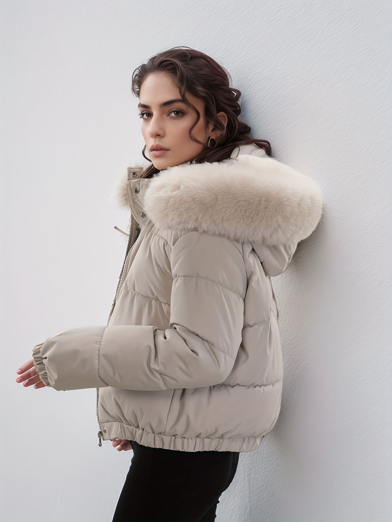 Women'S Winter Coat with Removable Faux Fur Hood - Thickened Loose Fit Long Sleeve Jacket, Zippered Pockets & Button Front, Casual Solid Color Outerwear for Cold Weather, Cozy Warmth, Buttoned Closure, Durable Fabric