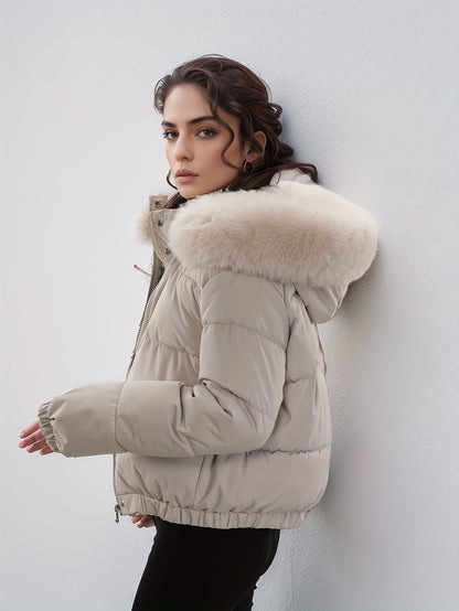Women'S Winter Coat with Removable Faux Fur Hood - Thickened Loose Fit Long Sleeve Jacket, Zippered Pockets & Button Front, Casual Solid Color Outerwear for Cold Weather, Cozy Warmth, Buttoned Closure, Durable Fabric