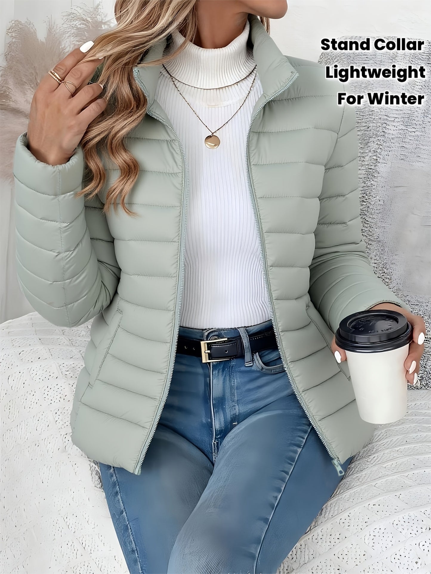 Women's Lightweight Winter Coat - Elegant Stand Collar Long Jacket, Machine Washable Cold Weather Outerwear for Fall/Winter, Formal & Everyday Use - Elegant Women's Outerwear, Casual Cold Wear, High Collar Design, Zipper Clos