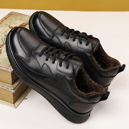 Men's Winter Warm Sneakers - Genuine Upper, Soft Sole & Wavy Stitching - Low-Top Lace-Up Casual Sneakers Suitable for Streetwear, Outdoor & Weather - Comfortable Winter Footwear