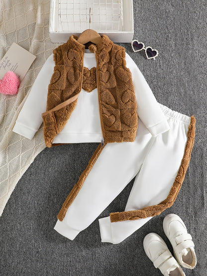Girls 3-Piece Heart Pattern Fall/Winter Casual Set - ayq