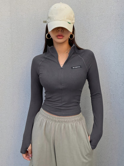 Slim-Fit Long Sleeve Half-Zip T-Shirt with High Neck