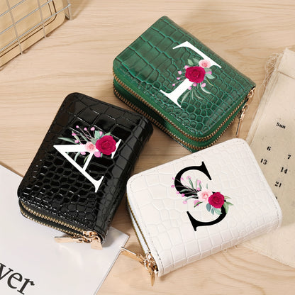 Minimalist Women'S Short Wallet Featuring a Double Zipper Design, with a Crocodile A-Z Letter Pattern. This Stylish Handbag Also Serves As a Fashionable Coin Wallet, Perfect for Travel, Back-To-School, Or Parties.
