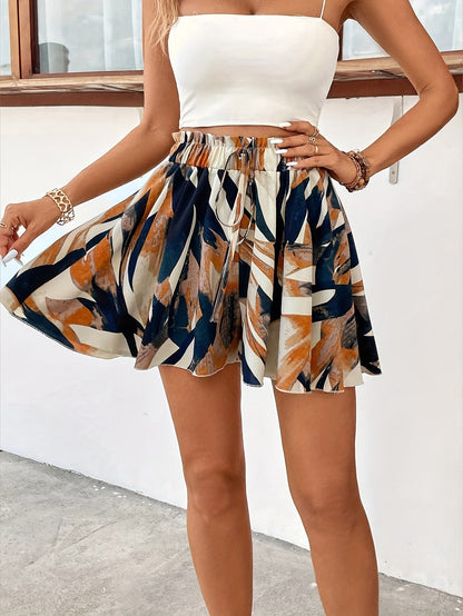 Print Tie-Front Shorts for Women - Lightweight Polyester, Summer Fashion, Machine Washable, Multicolor Abstract Design