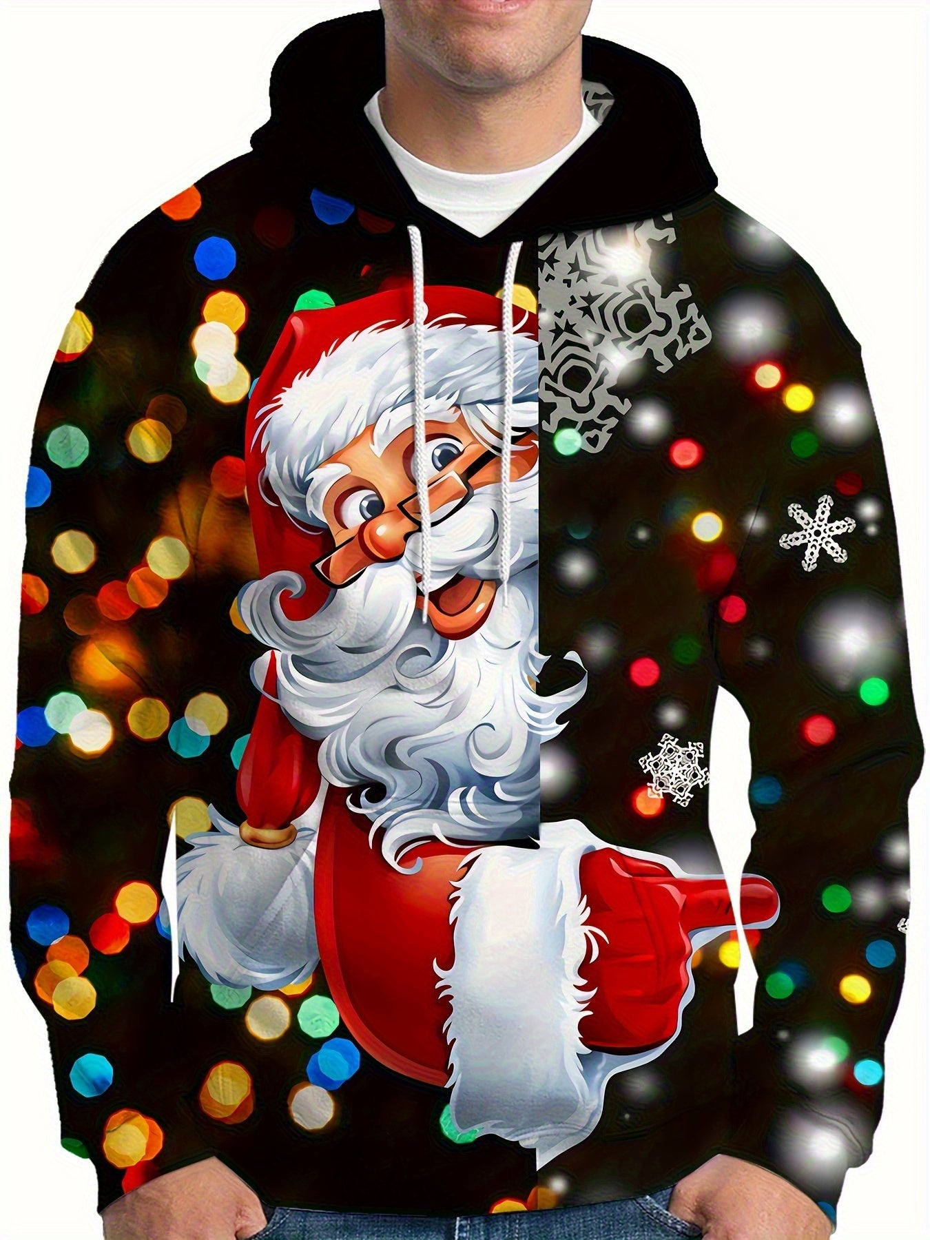 Plus Size Men's Funny Christmas Hoodie- Festive Santa Claus& Snowflake Print, Red& White Holiday Sweatshirt with Pockets, Casual Long Sleeve Pullover for Fall& Winter, Perfect Christmas Gift, Christmas Clothes, PLUS SIZE