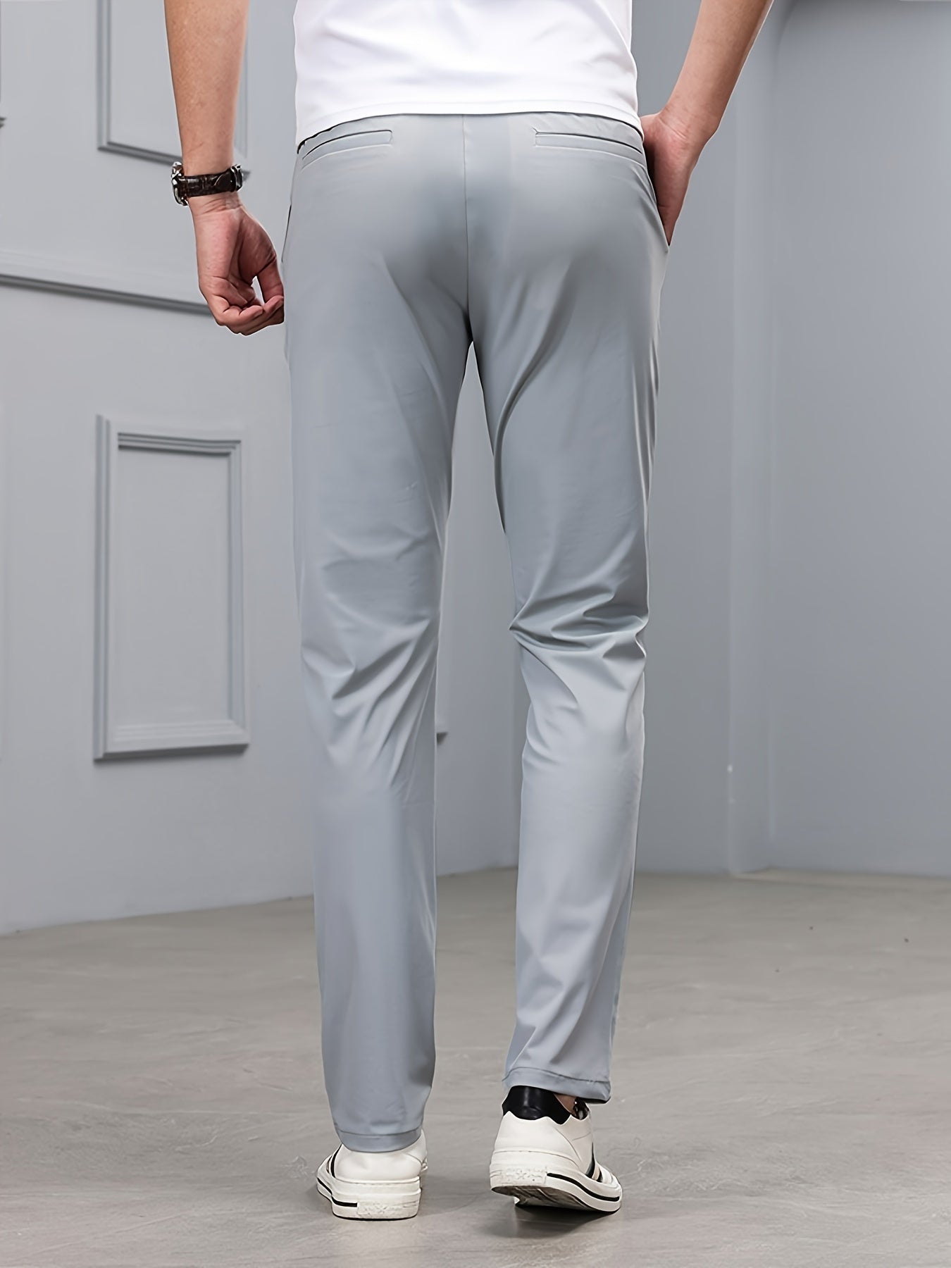 Men's Slim-Fit Stretch Casual Pants with Multiple Pockets - Waterproof, UV Protection, Light Gray, Straight Leg, Nylon Blend for Spring/Fall, Button Closure, Comfortable & Stylish Design, Everyday Comfort Pants | Modern Casua