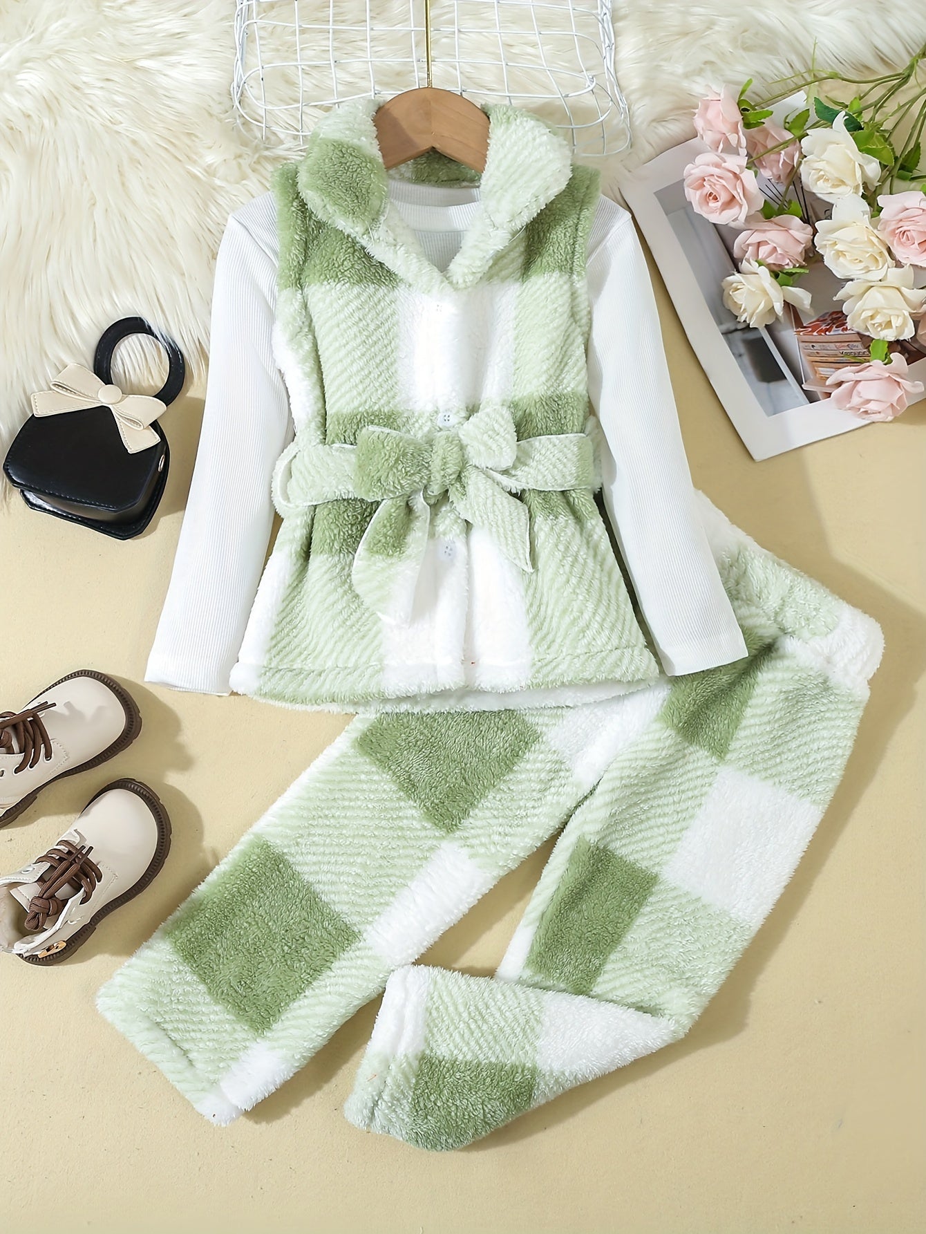 3 հատ փափուկ հավաքածու՝ աղջկա վանդակավոր թեդի բաճկոն + երկար թևքով վերնաշապիկ + թեդի տաբատ, աղջիկների համար նախատեսված ձմեռային/աշնանային հագուստ, նվեր