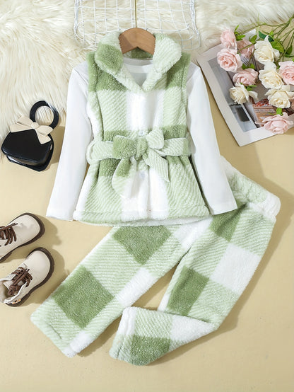 3 հատ փափուկ հավաքածու՝ աղջկա վանդակավոր թեդի բաճկոն + երկար թևքով վերնաշապիկ + թեդի տաբատ, աղջիկների համար նախատեսված ձմեռային/աշնանային հագուստ, նվեր