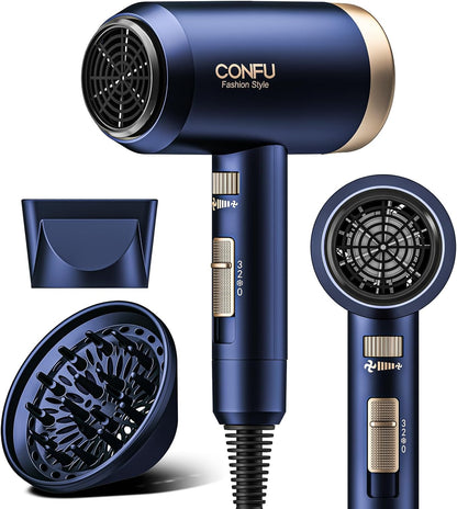 CONFU Ionic Blow Dryer 1600W, Portable Lightweight Fast Drying Negative Ion Hairdryer Blowdryer, 3 Heat Settings & Infinity Speed, with Diffuser and Concentrator Nozzle for Home & Travel