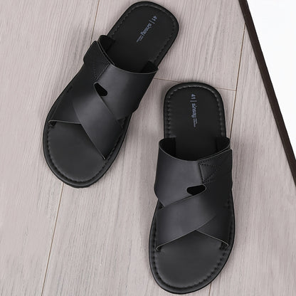 Men's Casual Flat-Soled PU Flip-Flop Slippers - Wide Fit