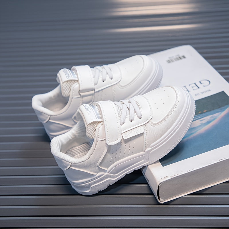 Youngsters' Stylish White Skate Sneakers - Casual & Sporty Low-Top Shoes with Hook-and-loop Fastener Closure, Breathable Fabric Lining, Durable Rubber Sole for Boys & Girls, Perfect for Running, Walking & Casual Attire, Skate