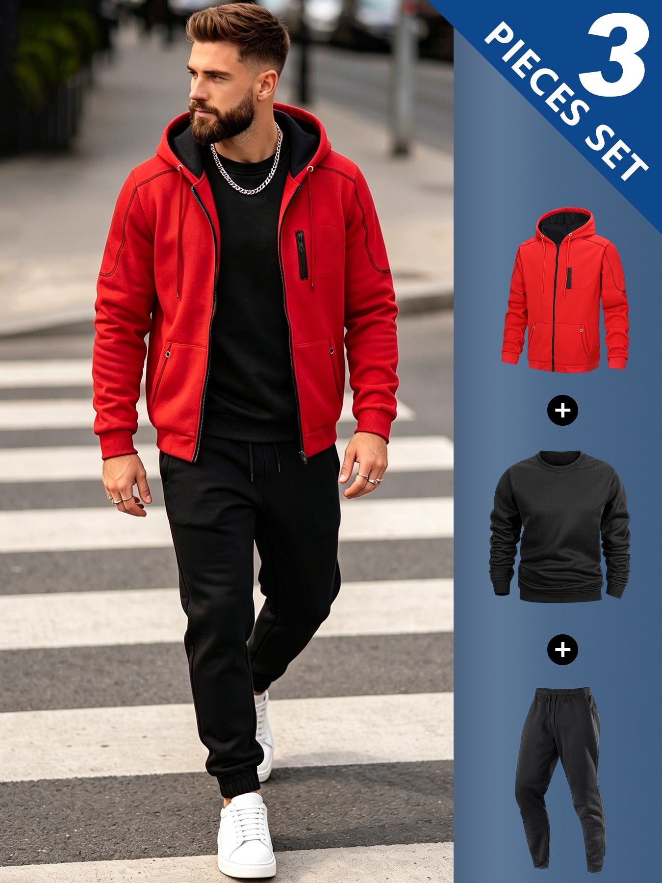 Men's Casual 3-Piece Set: Hooded Jacket, Sweatshirt & Joggers