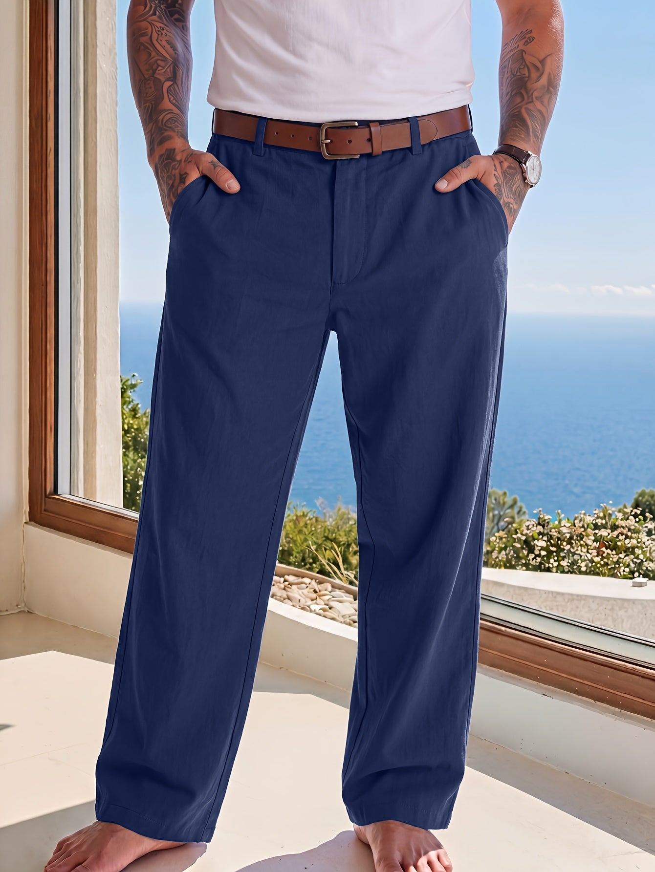 Men's Casual Linen Trousers for Spring and Fall, Straight Fit
