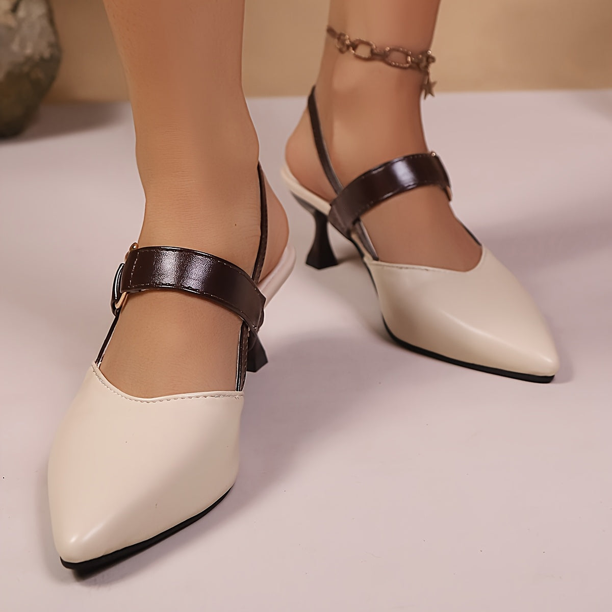 Women's Pointed Toe Kitten Heel Ankle Strap Sandals