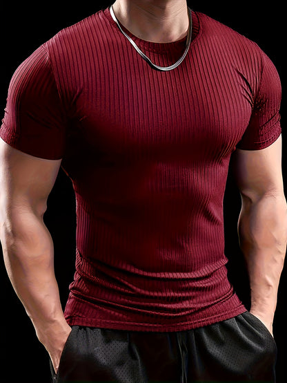 Men's Slim Fit Ribbed Short Sleeve T-Shirt - Stretchy Athletic  Casual Wear, Green, Round Neck, Machine Washable, Muscle-Enhancing Design, Gym Shirts
