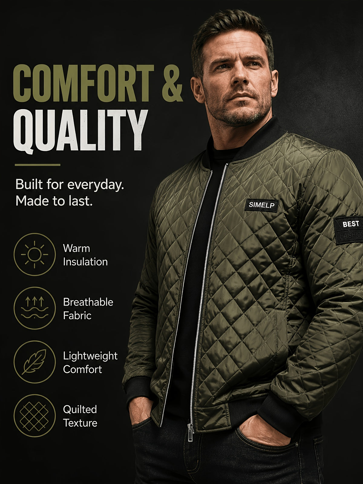 Men's Quilted Bomber Jacket with Ribbed Collar for Fall/Winter