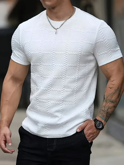 Men'S Casual Jacquard Knit Short-Sleeve T-Shirt - Featuring a Stylish Geometric Pattern, Round Neck, Comfortable for All Seasons, Perfect for Casual Wear - ayq