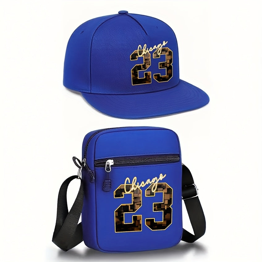 2pcs Chicago 23 Golden Print Baseball Cap & Crossbody Bag Set - Adjustable Snapback Hat with Black Mesh Back, Streetwear Style for Outdoor Sports, Casual Wear - Perfect Gift for Men, Chicago 23 Logo, Mesh Back Hat, Urban Fash