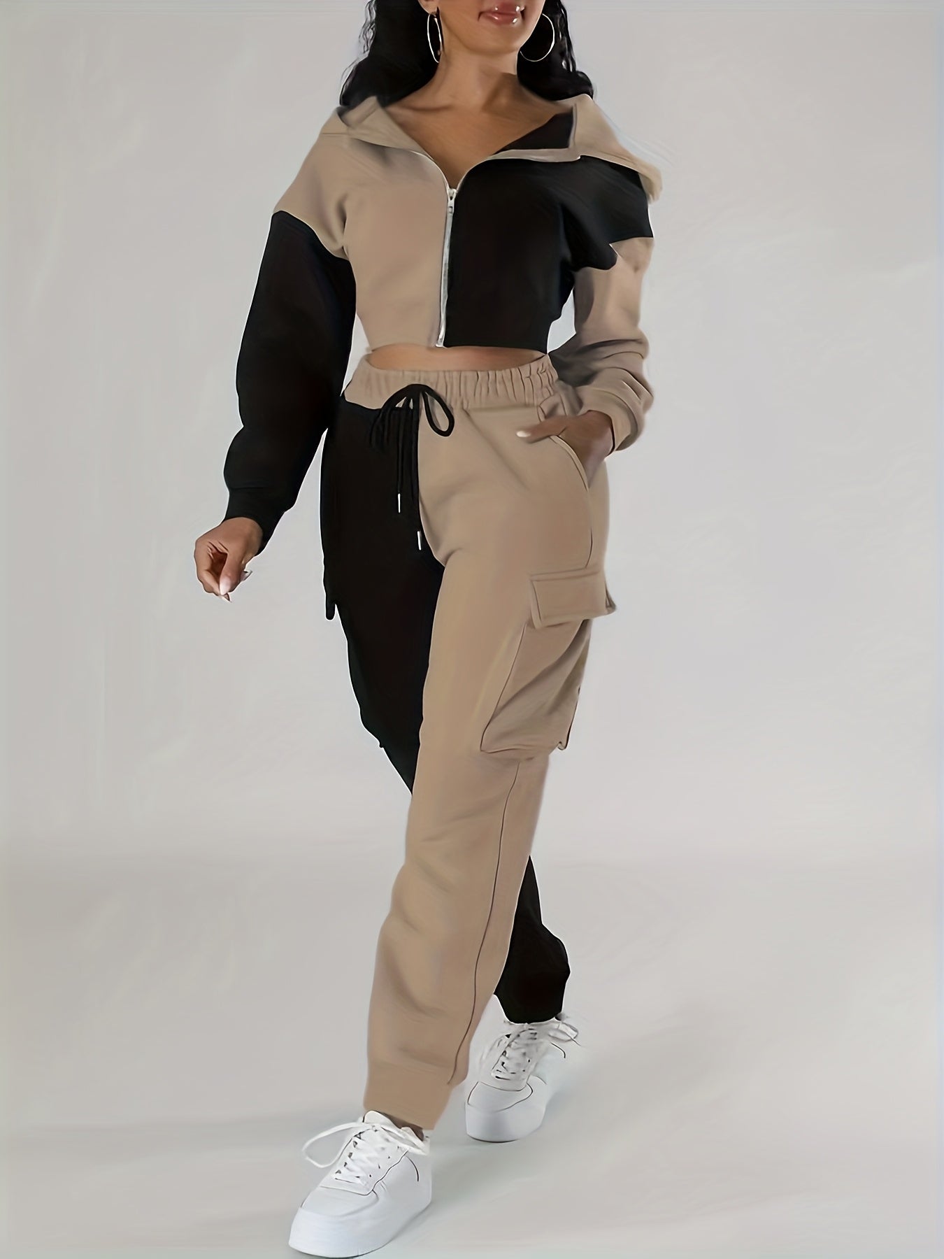 Women's Color-Block Hooded Casual Set for Fall Winter