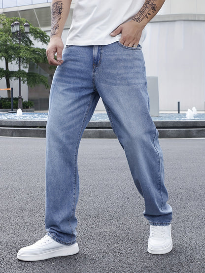 Men's Solid Loose Fit Denim Pants, Spring Fall Casual Trendy Cotton Jeans For Males