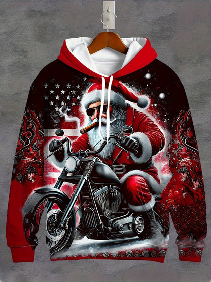 Plus Size Men'S Festive Santa Claus Motorcycle Hoodie - Long Sleeve, Casual Pullover with Drawstring and Kangaroo Pocket, Polyester, Machine Washable - Perfect for Autumn and Winter Street Style | Christmas Claus Motor Print