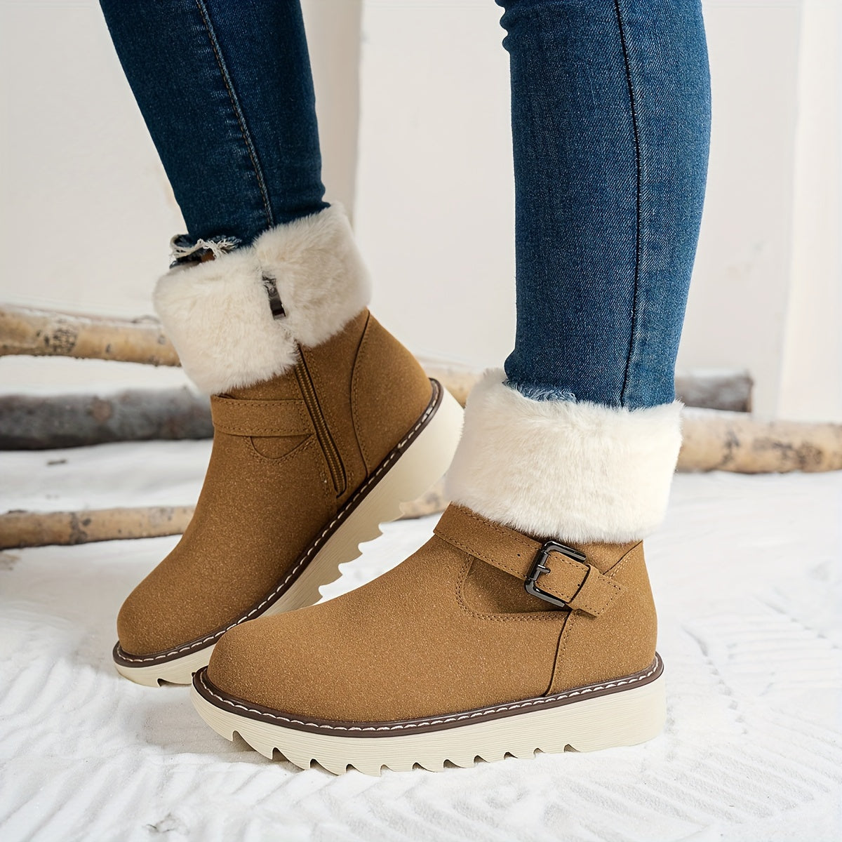 Women's Winter Snow Boots with Plush Faux Fur Collar & Buckle Closure - Round Toe TPR Sole Slip- Warm Ankle Boots, Soft Fabric Upper & Lining, Black/White/Beige/Coffee Brown - Casual & Formal Winter Footwear for Snow & Ice -