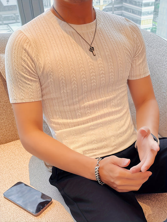 Men'S Short Sleeve Jacquard T-Shirt | Fashionable Autumn- Casual Top, Crew Neck, Slight Stretch Fabric, Solid Color, Skinny Fit - ayq