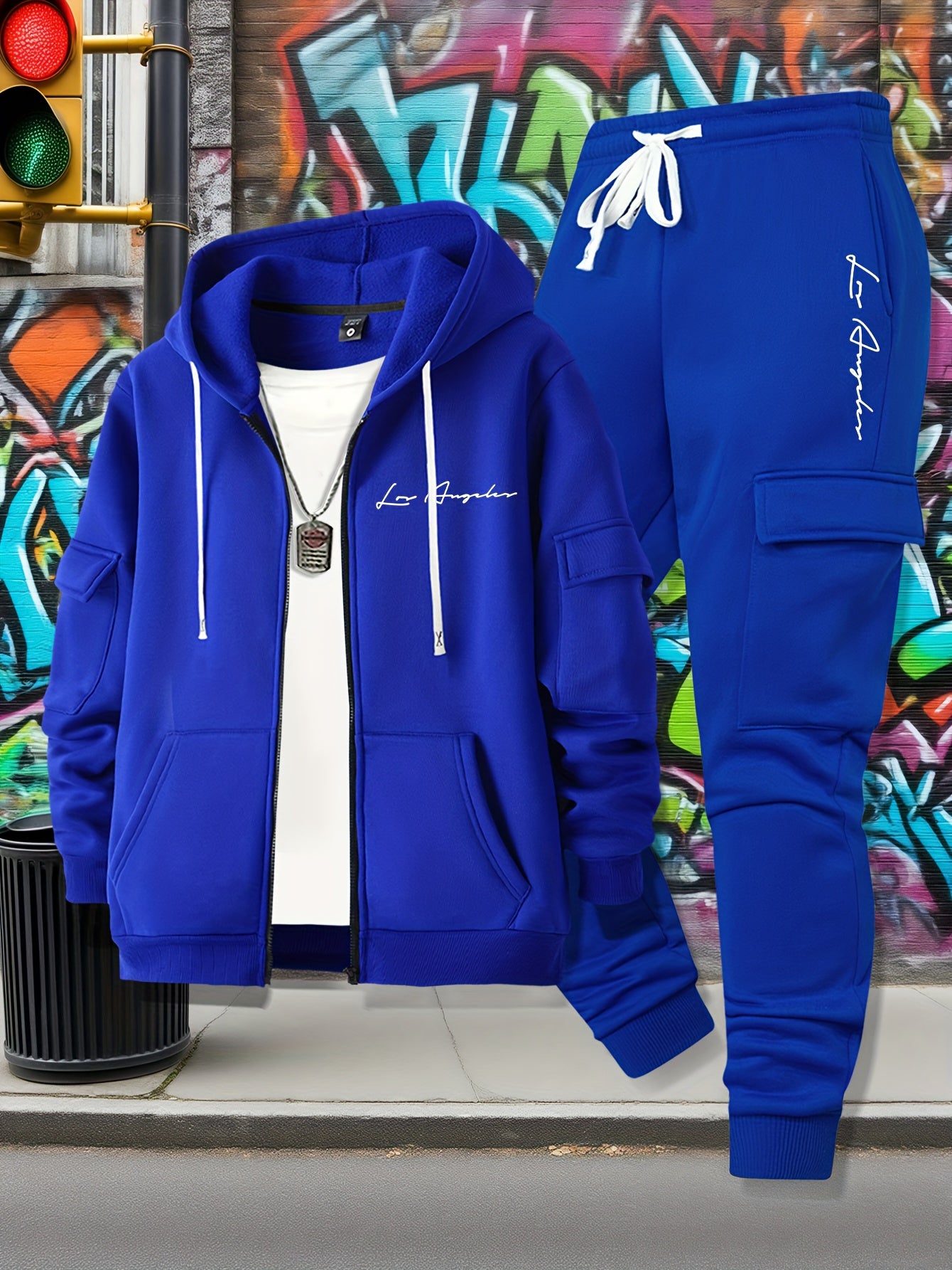 Men's Casual Zip Hoodie and Loose Cargo Pants Set - Breathable Polyest