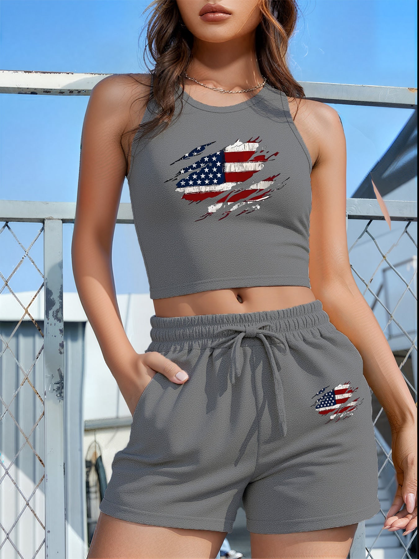 Women's Casual Two-Piece Set with English Print & Slanted Pockets