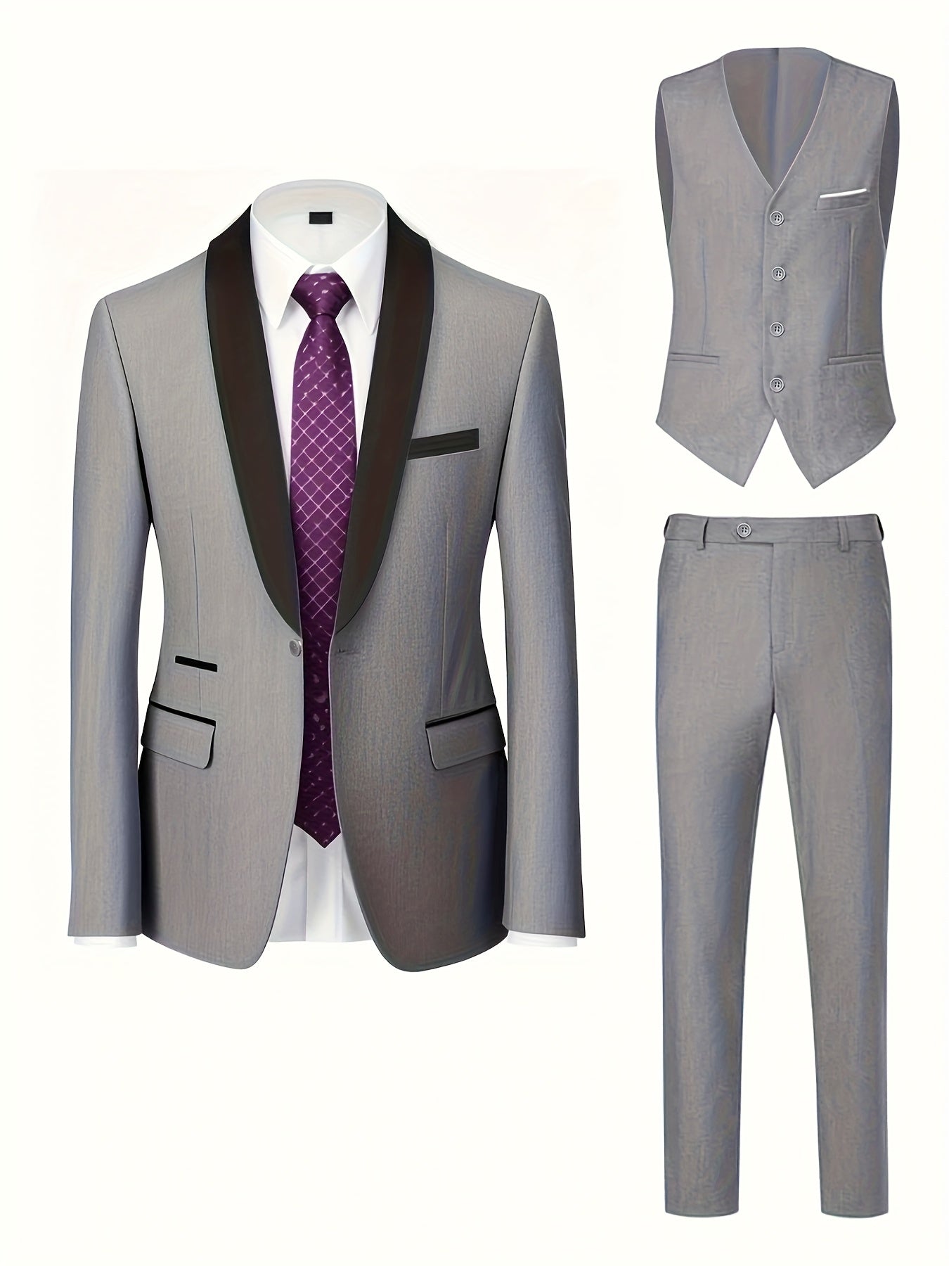 Men's 3-Piece Polyester Suit with Vest and Pants, Formal Workwear
