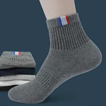 5/10 Pairs Of Men's Solid Sport Crew Socks, Breathable Sweat-absorbing Comfy Soft Casual Simple Style Socks All Seasons Wearing