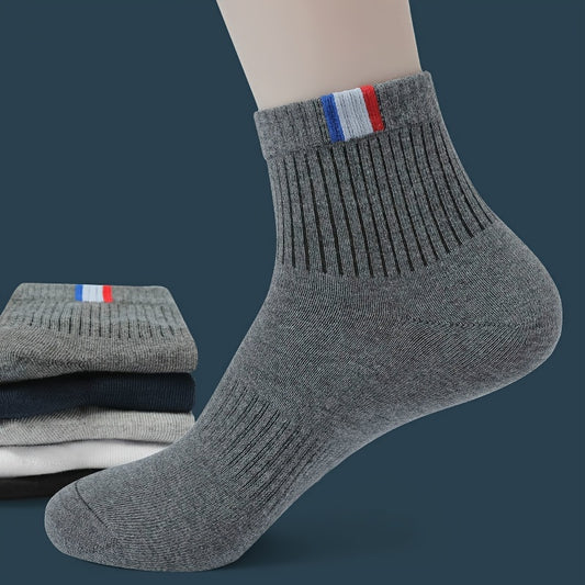 5/10 Pairs Of Men's Solid Sport Crew Socks, Breathable Sweat-absorbing Comfy Soft Casual Simple Style Socks All Seasons Wearing